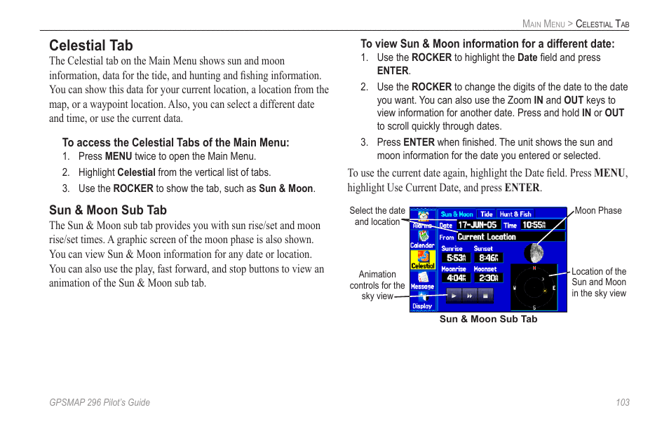 Celestial tab, Sun & moon sub tab | Garmin GPSMAP 296 User Manual | Page 111 / 168