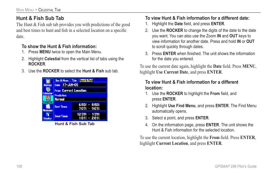 Hunt & fish sub tab | Garmin GPSMAP 296 User Manual | Page 114 / 168