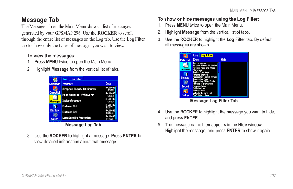 Message tab | Garmin GPSMAP 296 User Manual | Page 115 / 168