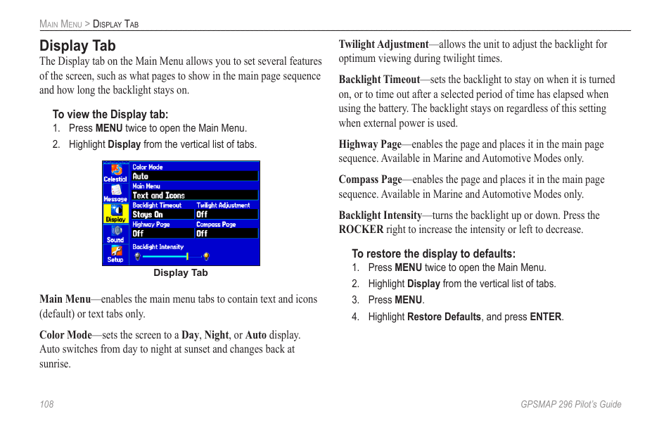 Display tab | Garmin GPSMAP 296 User Manual | Page 116 / 168