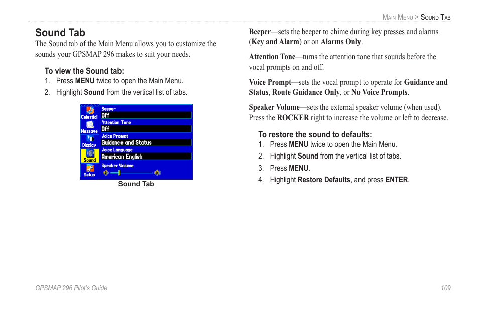 Sound tab | Garmin GPSMAP 296 User Manual | Page 117 / 168