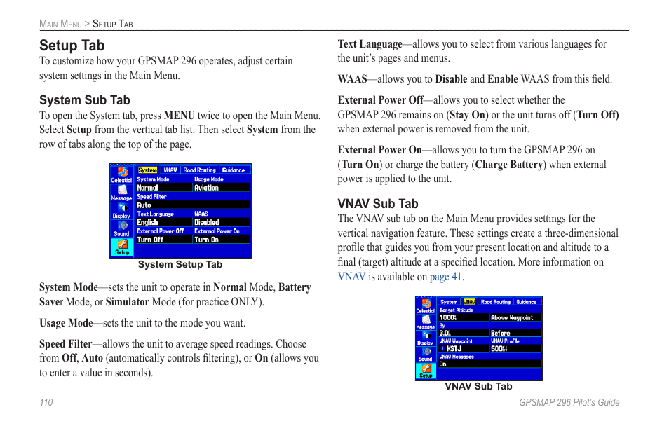 Setup tab | Garmin GPSMAP 296 User Manual | Page 118 / 168