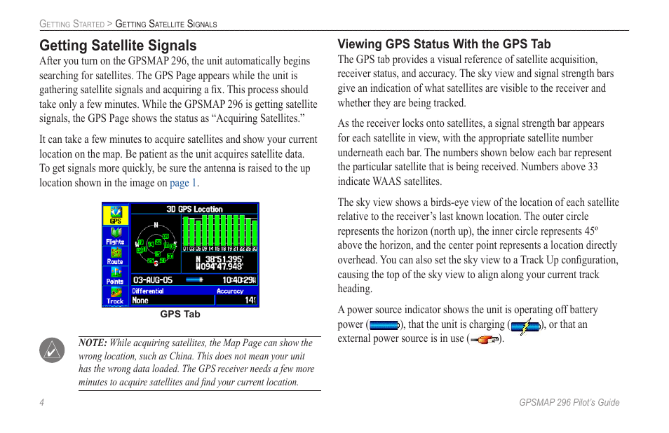 Getting satellite signals | Garmin GPSMAP 296 User Manual | Page 12 / 168