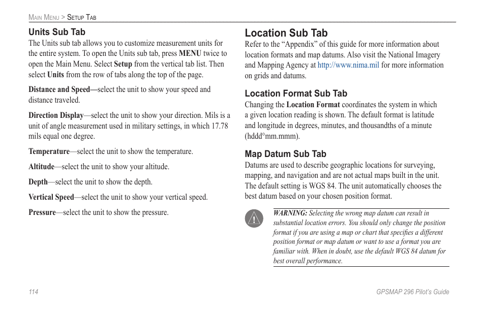 Location sub tab | Garmin GPSMAP 296 User Manual | Page 122 / 168