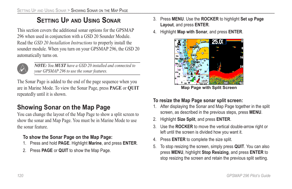 Setting up and using sonar, Showing sonar on the map page | Garmin GPSMAP 296 User Manual | Page 128 / 168