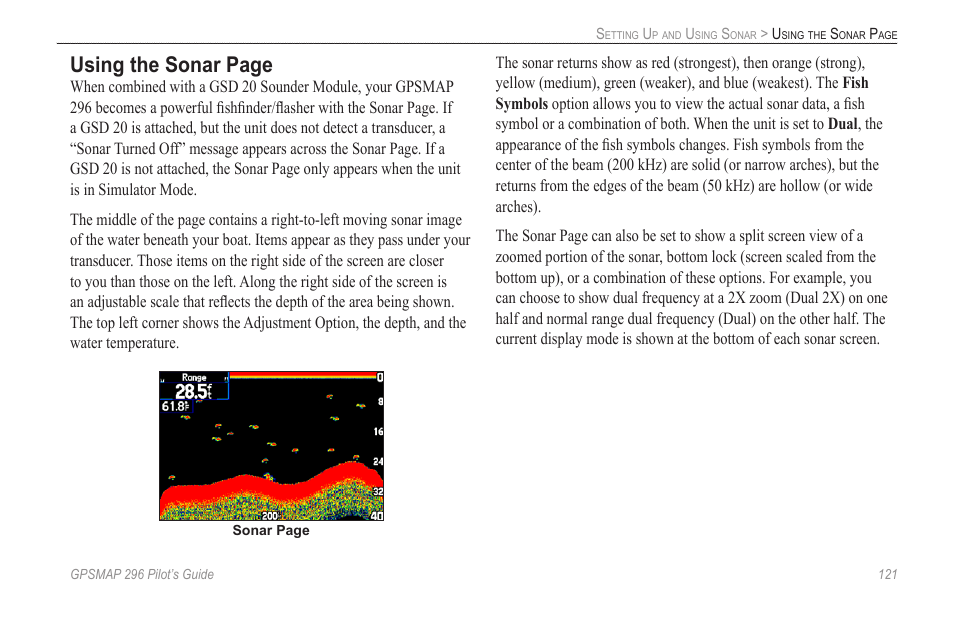 Using the sonar page | Garmin GPSMAP 296 User Manual | Page 129 / 168