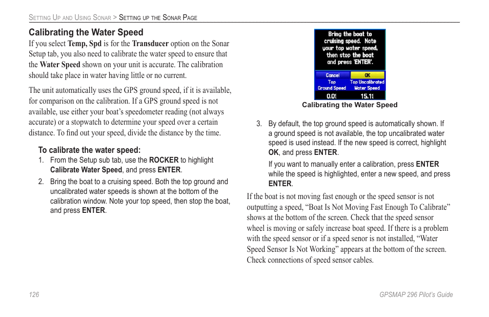 Calibrating the water speed | Garmin GPSMAP 296 User Manual | Page 134 / 168