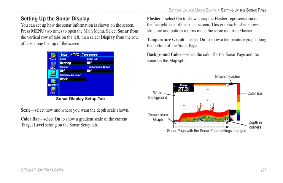 Setting up the sonar display | Garmin GPSMAP 296 User Manual | Page 135 / 168