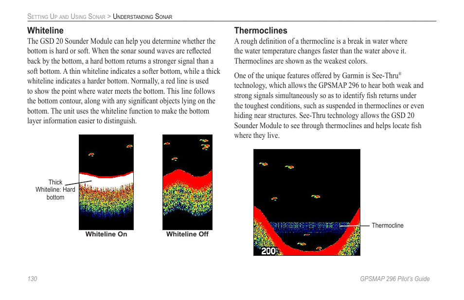 Whiteline, Thermoclines | Garmin GPSMAP 296 User Manual | Page 138 / 168