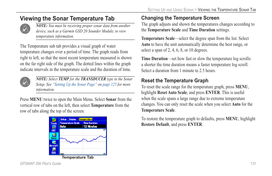 Viewing the sonar temperature tab, Changing the temperature screen, Reset the temperature graph | Garmin GPSMAP 296 User Manual | Page 139 / 168