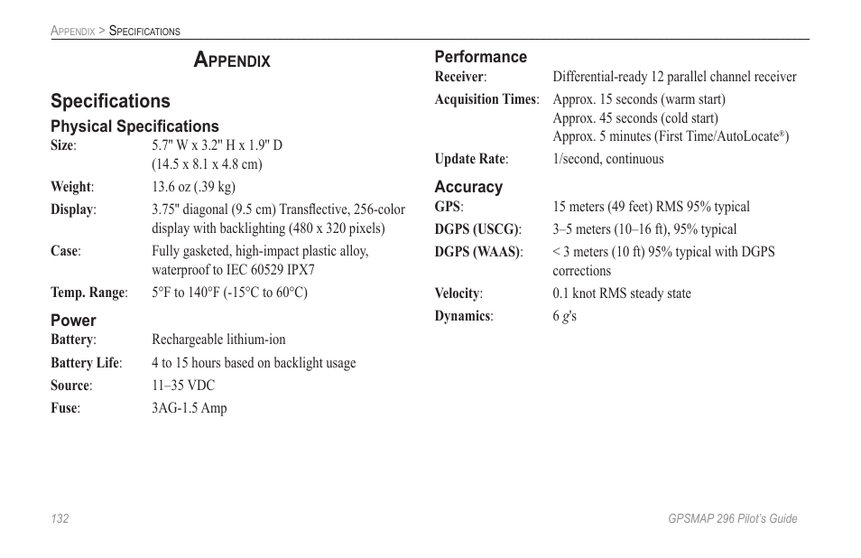 Appendix, Specifications, Speciﬁcations | Garmin GPSMAP 296 User Manual | Page 140 / 168