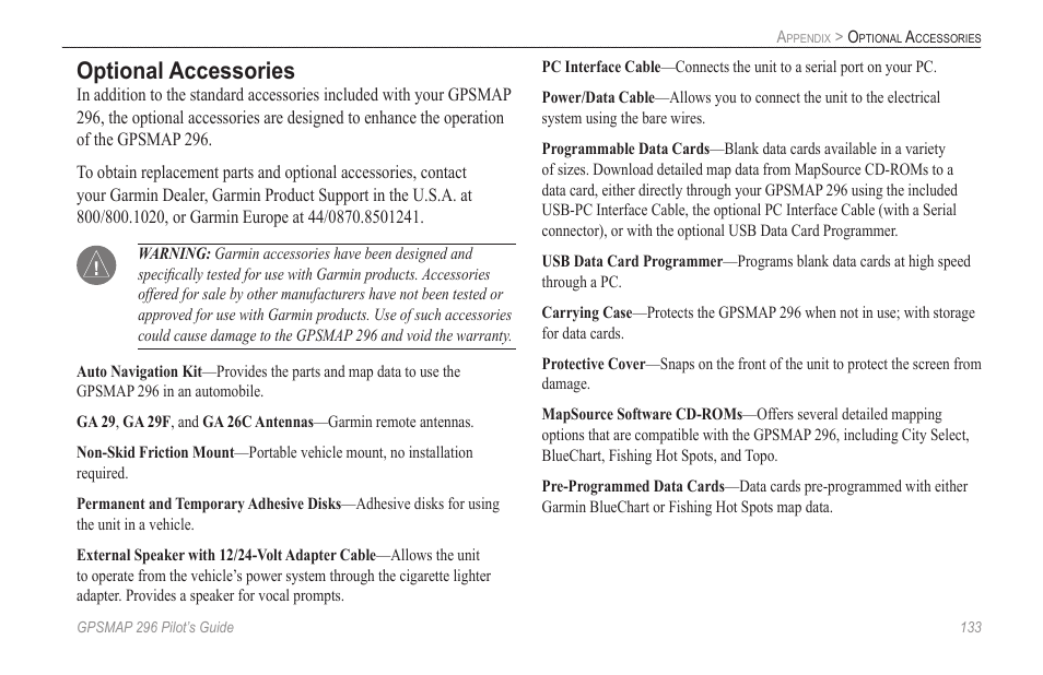 Optional accessories | Garmin GPSMAP 296 User Manual | Page 141 / 168