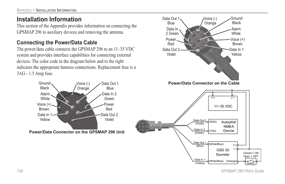 Installation information, Connecting the power, And data | Connecting the power/data cable | Garmin GPSMAP 296 User Manual | Page 142 / 168