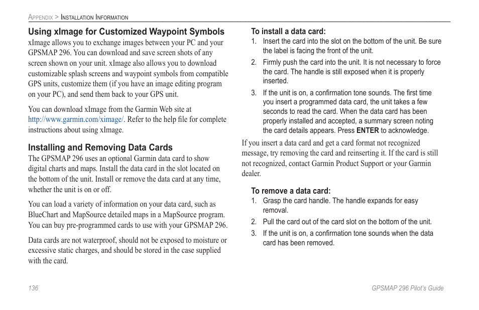 Garmin GPSMAP 296 User Manual | Page 144 / 168