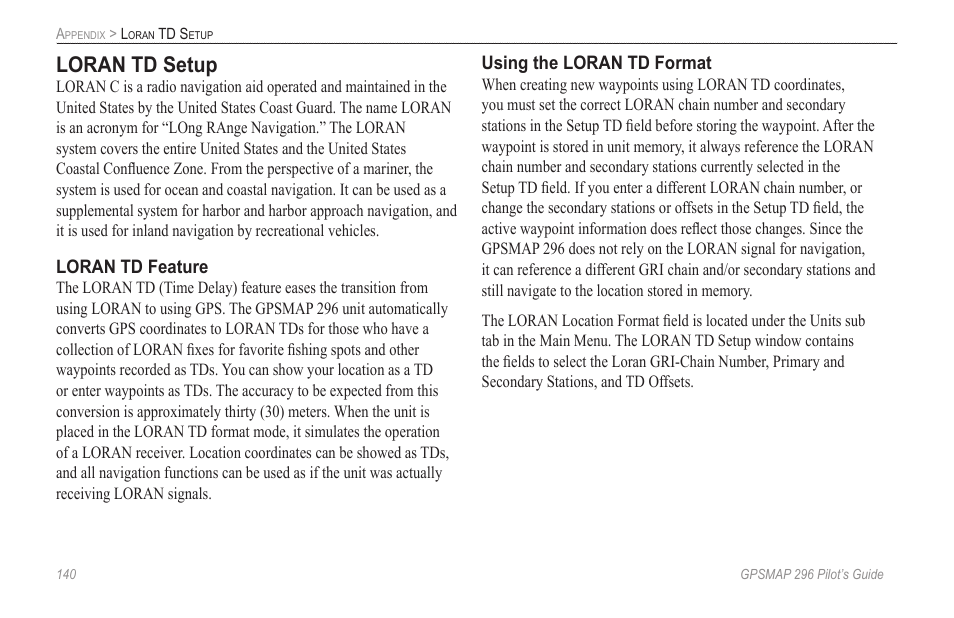 Loran td setup | Garmin GPSMAP 296 User Manual | Page 148 / 168