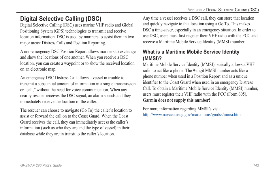 Digital selective calling (dsc), Appendix | Garmin GPSMAP 296 User Manual | Page 151 / 168