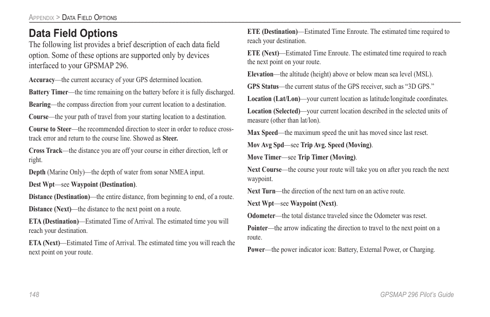 Data field options | Garmin GPSMAP 296 User Manual | Page 156 / 168