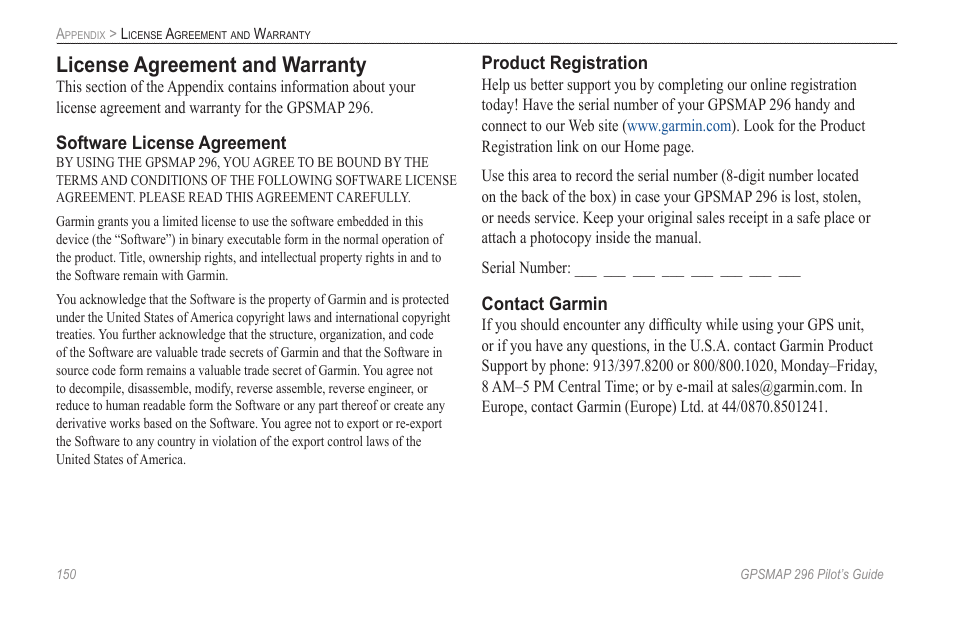 License agreement and warranty | Garmin GPSMAP 296 User Manual | Page 158 / 168