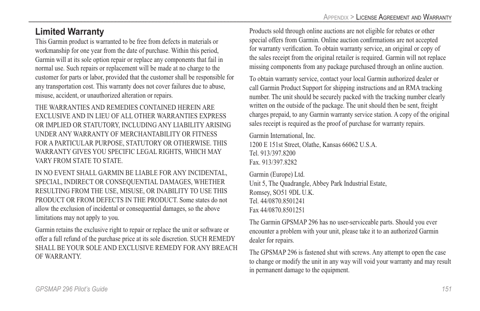 Limited warranty | Garmin GPSMAP 296 User Manual | Page 159 / 168