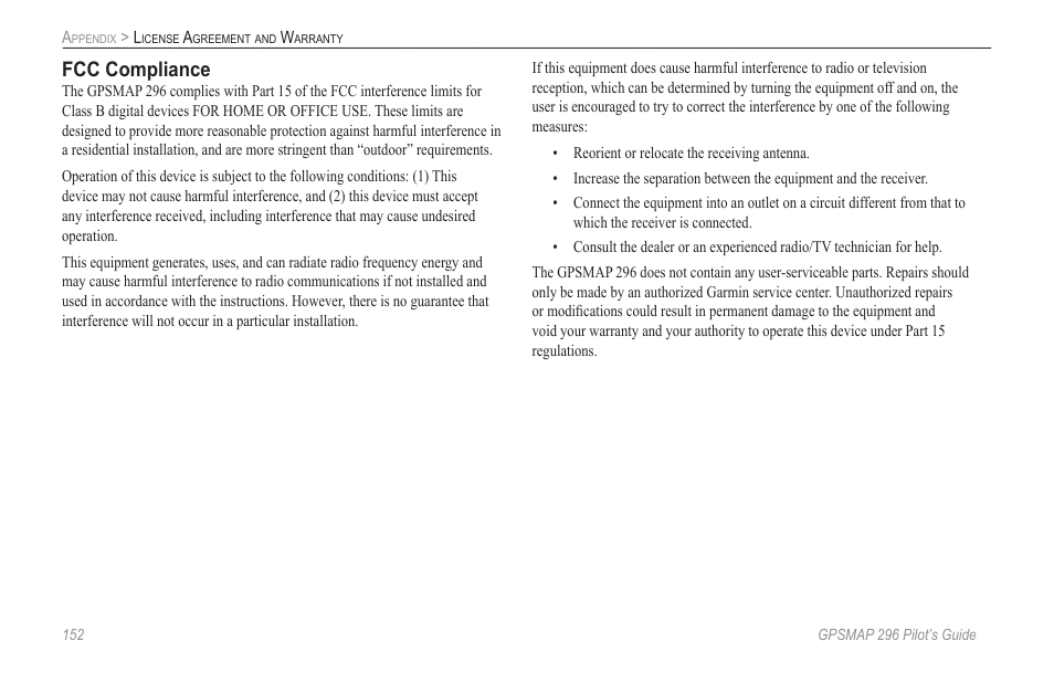 Fcc compliance | Garmin GPSMAP 296 User Manual | Page 160 / 168