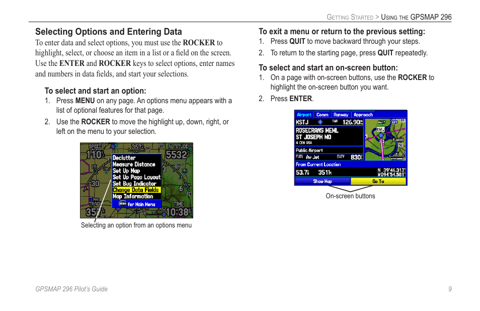 Selecting options and entering data | Garmin GPSMAP 296 User Manual | Page 17 / 168