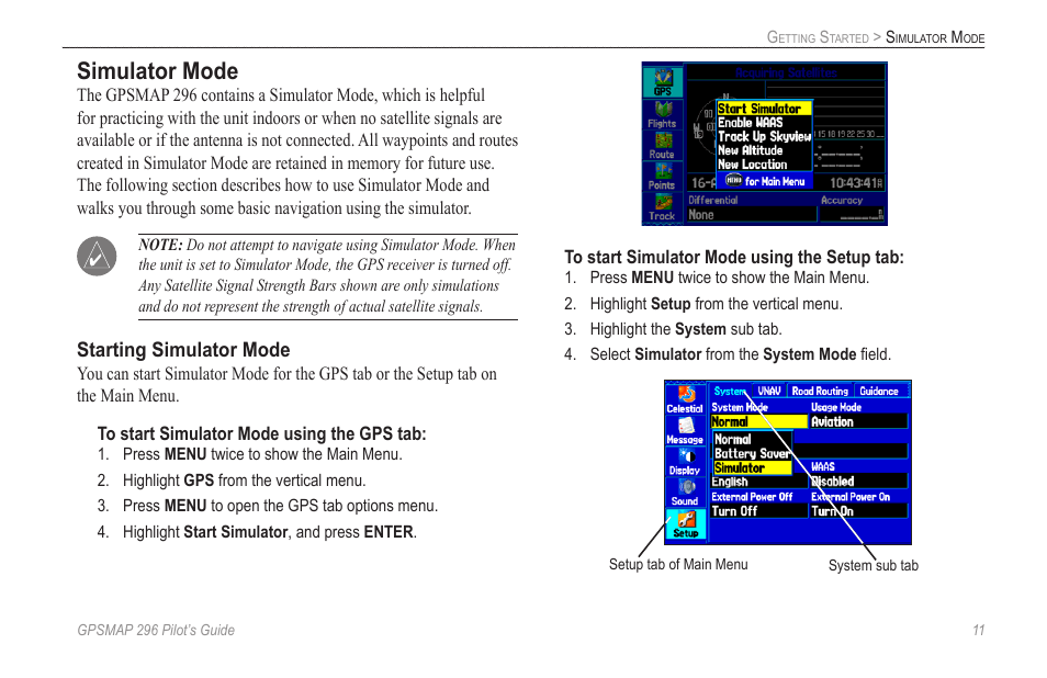 Simulator mode | Garmin GPSMAP 296 User Manual | Page 19 / 168