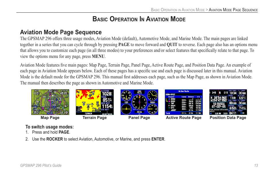 Basic operation in aviation mode, Aviation mode page sequence | Garmin GPSMAP 296 User Manual | Page 21 / 168