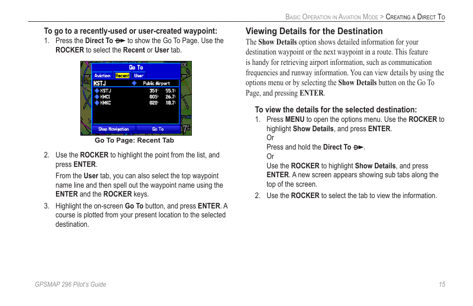 Viewing details for the destination | Garmin GPSMAP 296 User Manual | Page 23 / 168