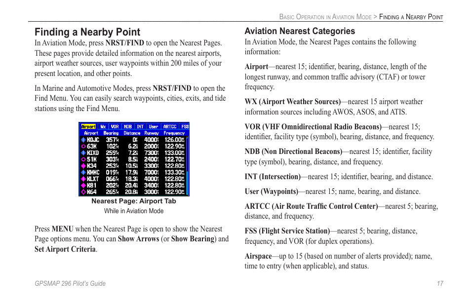 Finding a nearby point, Aviation nearest categories | Garmin GPSMAP 296 User Manual | Page 25 / 168