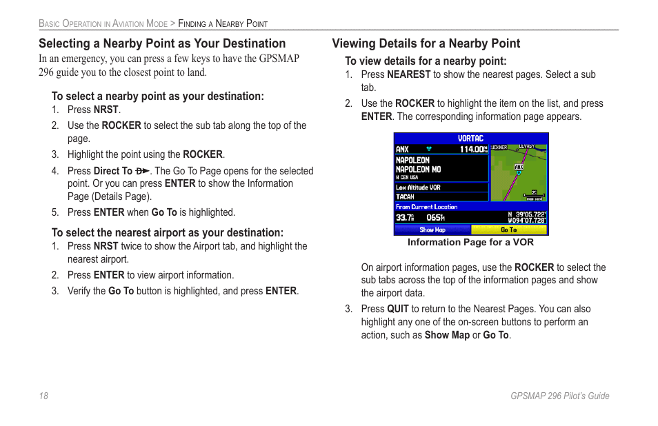 Selecting a nearby point as your destination, Viewing details for a nearby point | Garmin GPSMAP 296 User Manual | Page 26 / 168