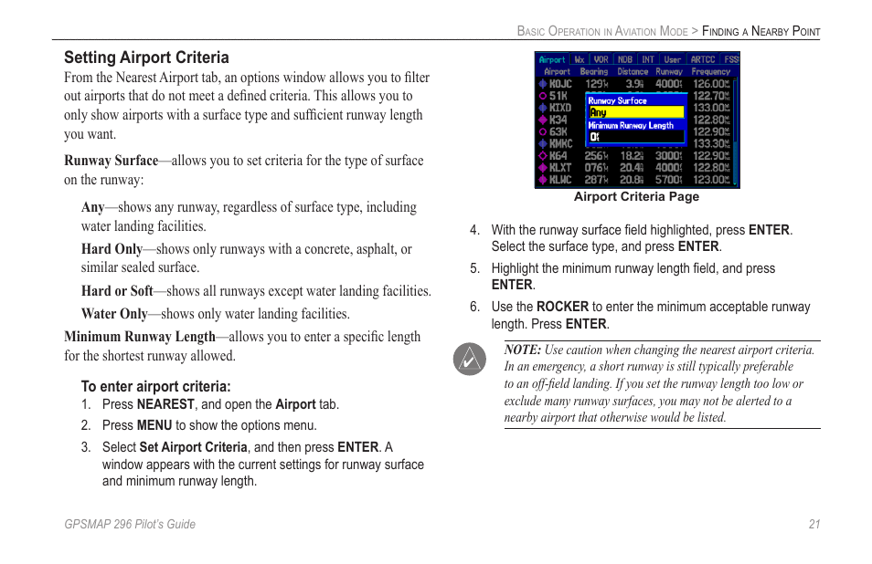 Setting airport criteria | Garmin GPSMAP 296 User Manual | Page 29 / 168