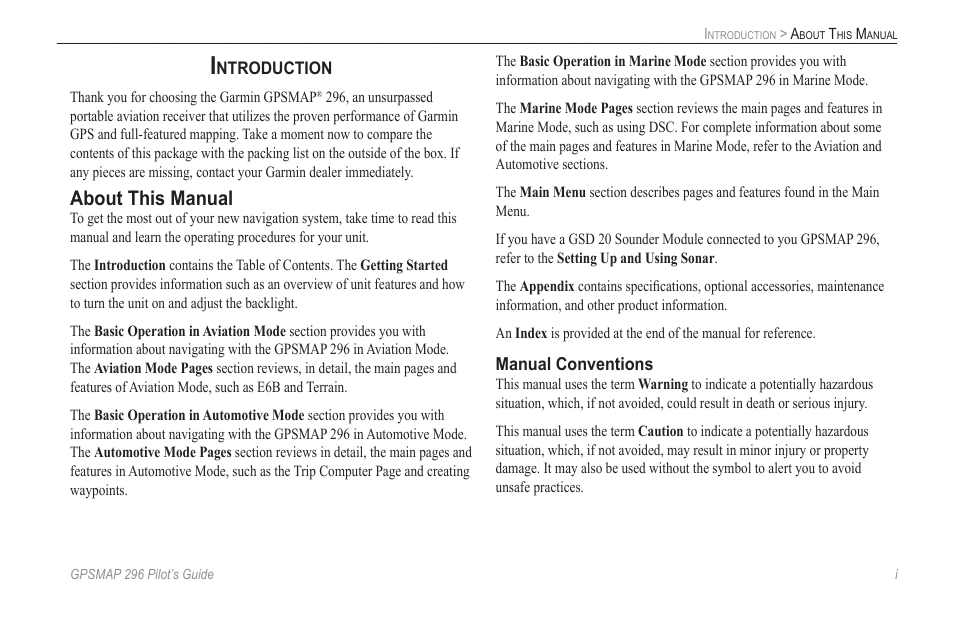 Introduction, About this manual | Garmin GPSMAP 296 User Manual | Page 3 / 168