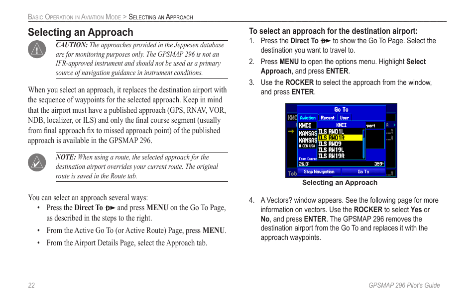 Selecting an approach | Garmin GPSMAP 296 User Manual | Page 30 / 168