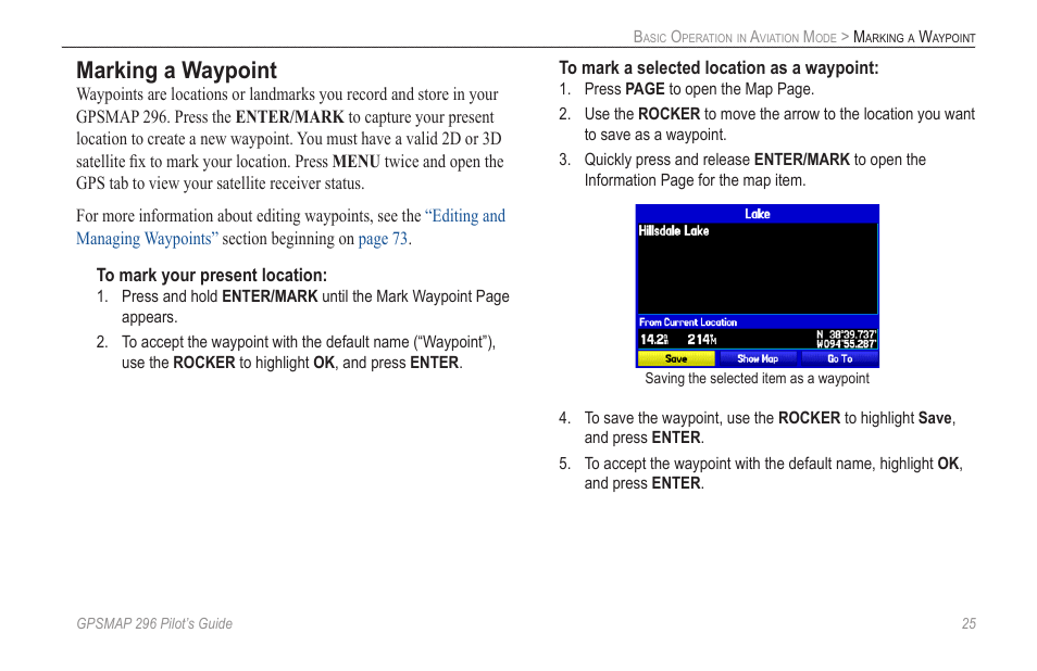 Marking a waypoint | Garmin GPSMAP 296 User Manual | Page 33 / 168