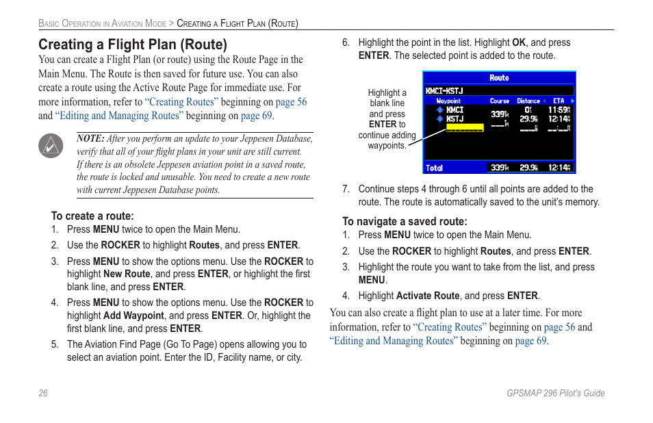 Creating a flight plan (route) | Garmin GPSMAP 296 User Manual | Page 34 / 168