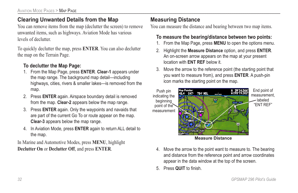 Clearing unwanted details from the map, Measuring distance | Garmin GPSMAP 296 User Manual | Page 40 / 168