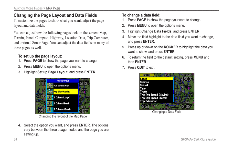 Changing the page layout and data fields | Garmin GPSMAP 296 User Manual | Page 42 / 168