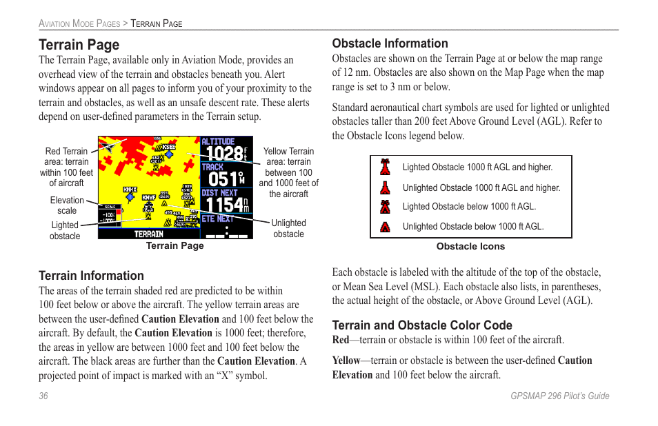 Terrain page, Terrain information, Obstacle information | Terrain and obstacle color code | Garmin GPSMAP 296 User Manual | Page 44 / 168