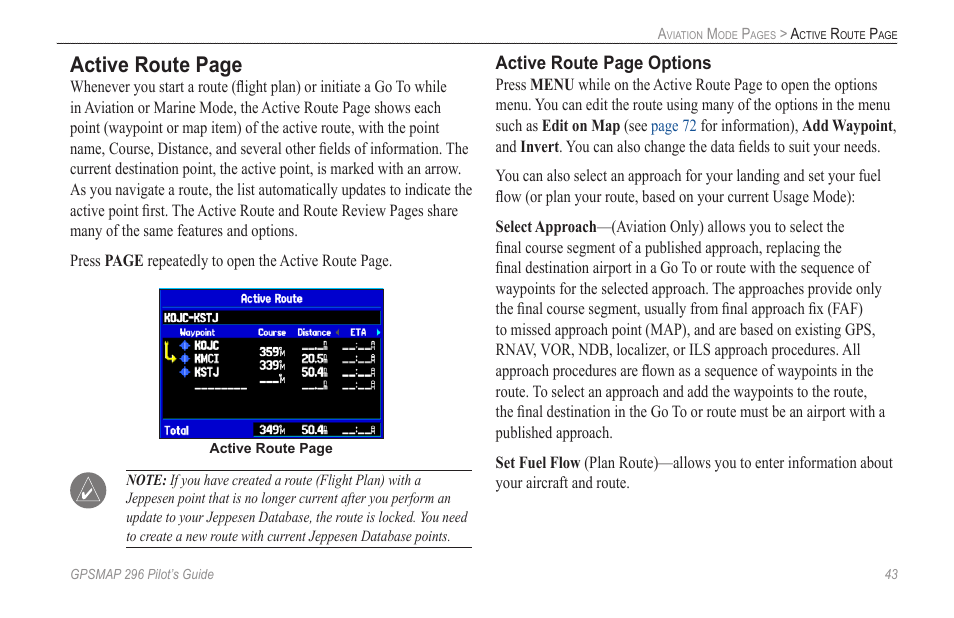 Active route page | Garmin GPSMAP 296 User Manual | Page 51 / 168