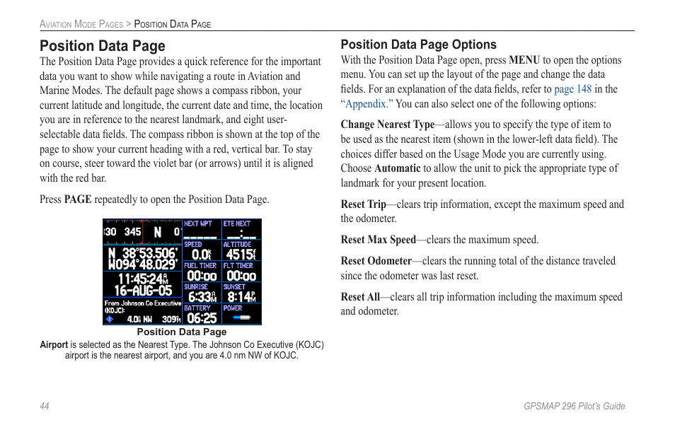 Position data page, Position data page options | Garmin GPSMAP 296 User Manual | Page 52 / 168