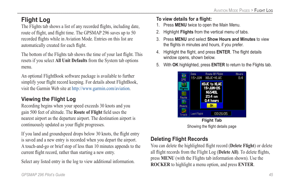 Flight log | Garmin GPSMAP 296 User Manual | Page 53 / 168