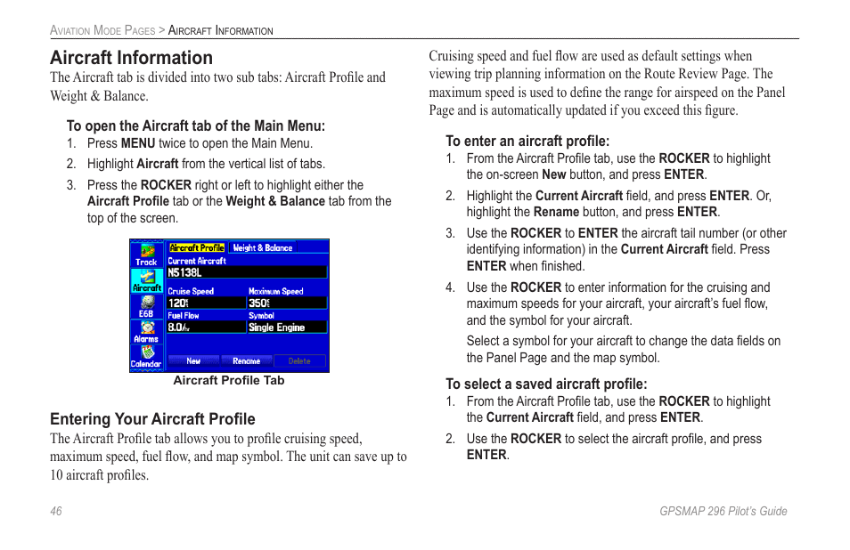 Aircraft information, Entering your aircraft proﬁle | Garmin GPSMAP 296 User Manual | Page 54 / 168