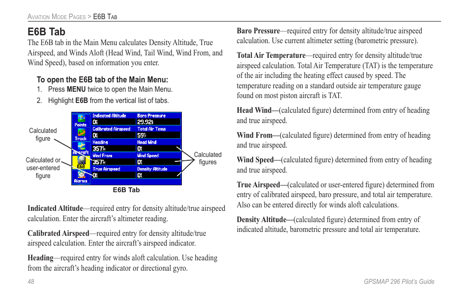 E6b tab | Garmin GPSMAP 296 User Manual | Page 56 / 168