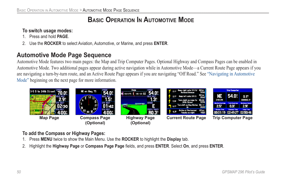 Basic operation in automotive mode, Automotive mode page sequence | Garmin GPSMAP 296 User Manual | Page 58 / 168