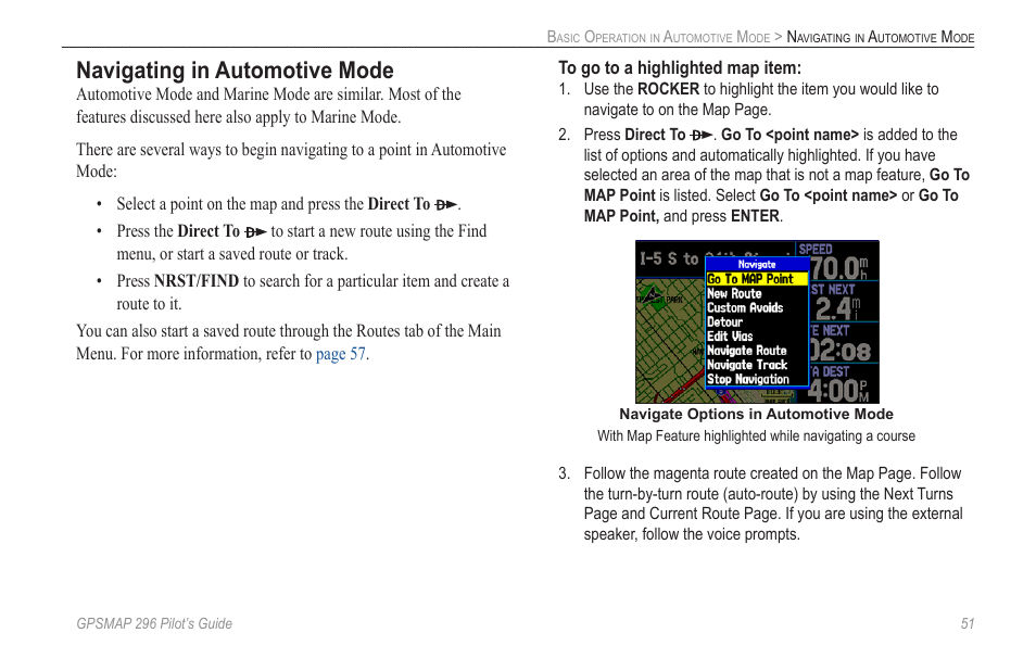 Navigating in automotive mode | Garmin GPSMAP 296 User Manual | Page 59 / 168