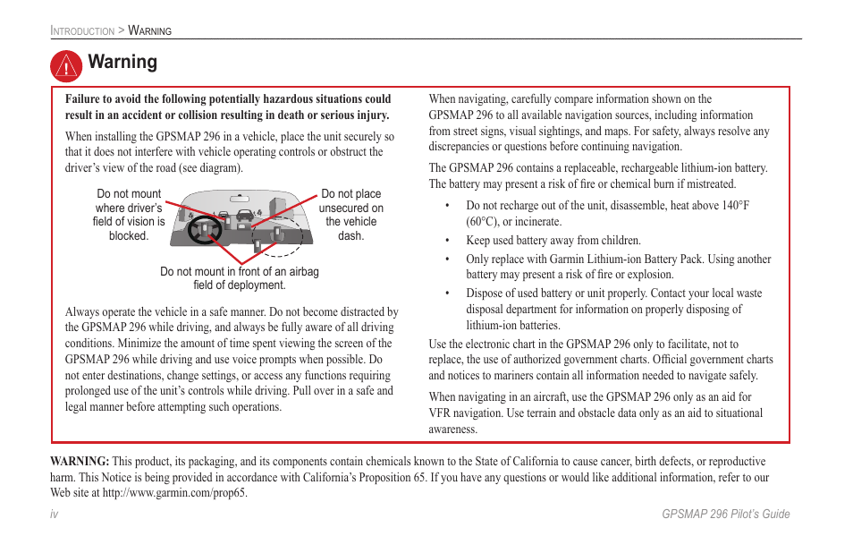 Warning | Garmin GPSMAP 296 User Manual | Page 6 / 168