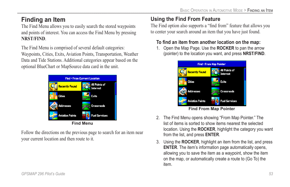 Finding an item, Using the find from feature | Garmin GPSMAP 296 User Manual | Page 61 / 168