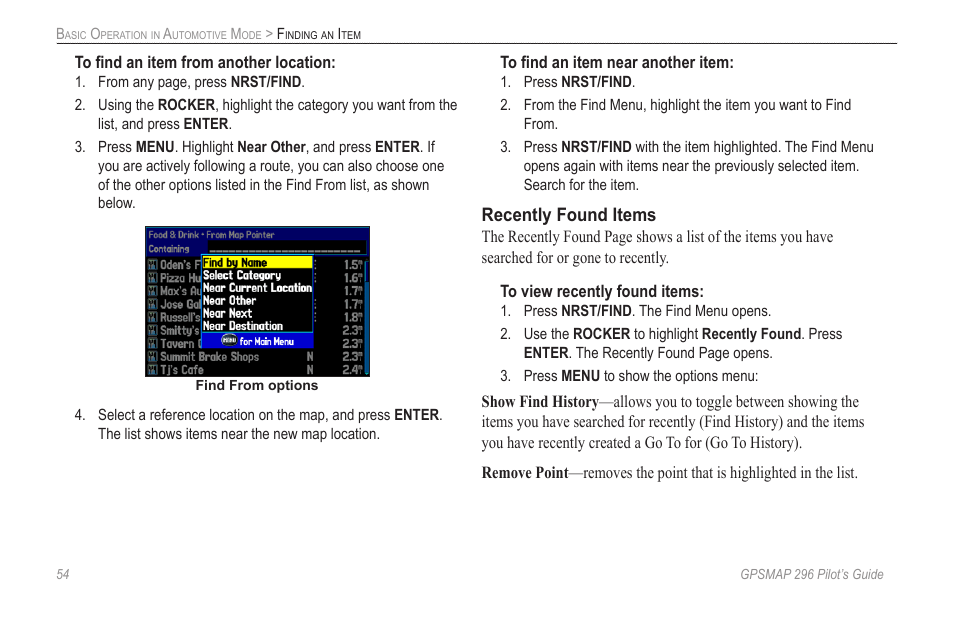 Recently found items | Garmin GPSMAP 296 User Manual | Page 62 / 168