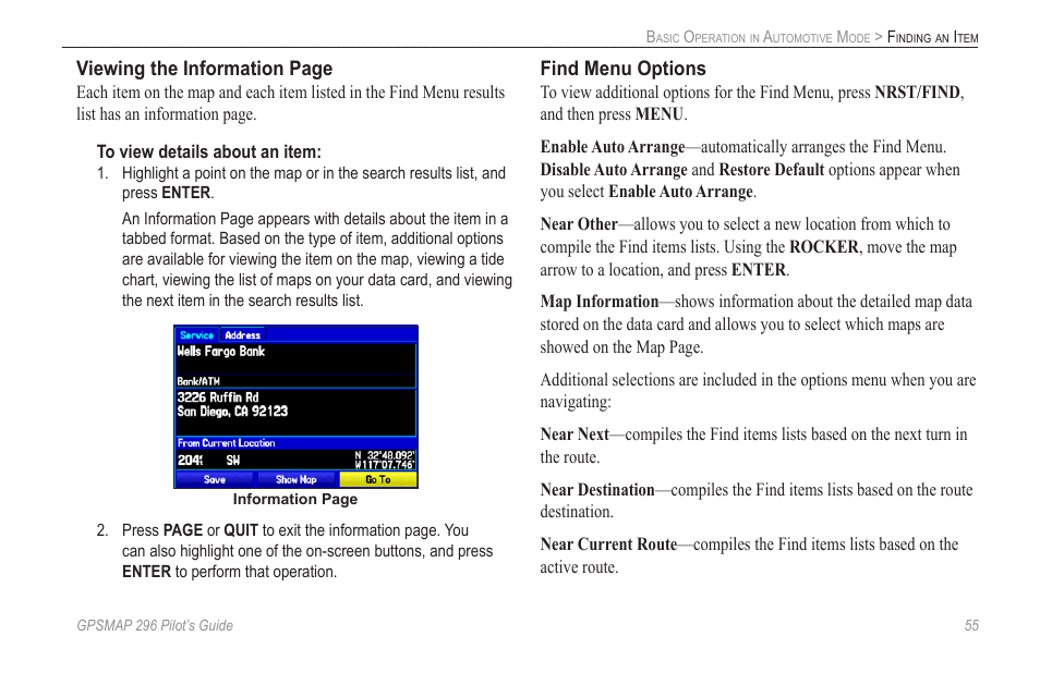 Viewing the information page, Find menu options | Garmin GPSMAP 296 User Manual | Page 63 / 168