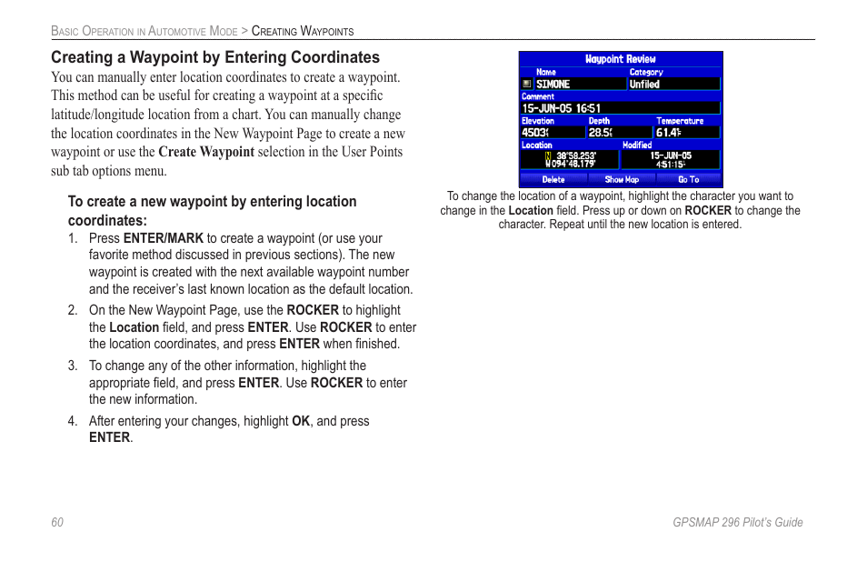 Creating a waypoint by entering coordinates | Garmin GPSMAP 296 User Manual | Page 68 / 168